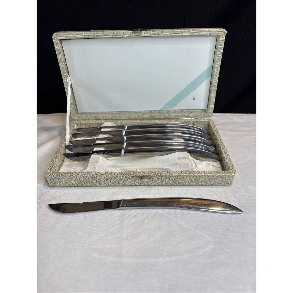 Vintage Japan Stainless Steel Delmonico Steak Knife Set of 6 with Box Silver